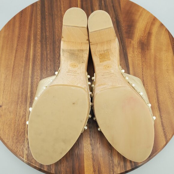 Stuart Weitzman Clog Sandals Women's 7.5 B Metallic Leather Faux Pearl Stud Heel - Picture 8 of 11